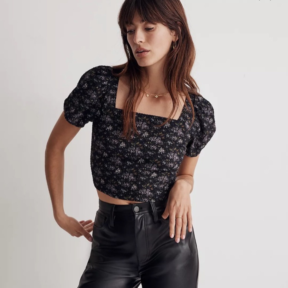 Madewell “Hopewell” Puff Sleeve Crop Top in Blurred Ikat Size L